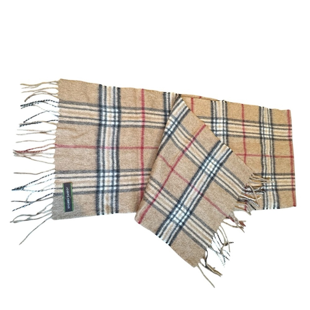 Joseph Abboud 100% Cashmere 55” Long Tan Multicolor Plaid Fringe Scarf I16